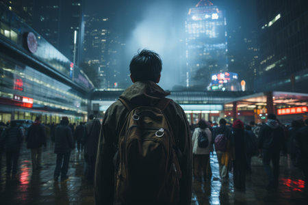 a man with a backpack standing in the middle of a city at nightの素材