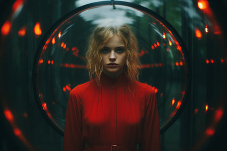 a woman in a red dress standing in front of a circular mirrorの素材