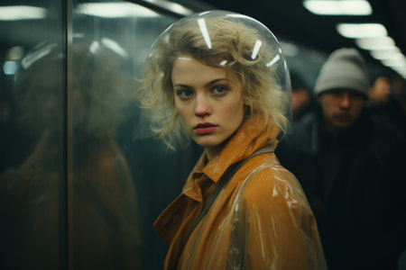 a woman wearing a plastic helmet on an escalatorの素材