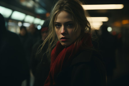 a woman in a red scarf standing in a subway stationの素材