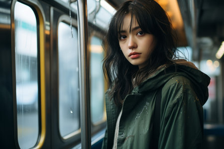 a young woman in a green jacket sitting on a trainの素材