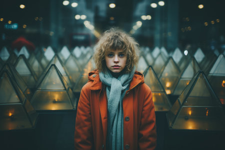 a woman in an orange coat standing in front of a crowd of candlesの素材
