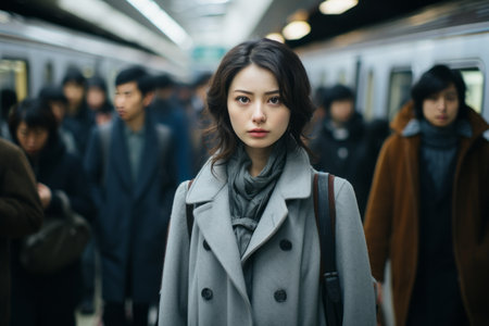 a woman standing in front of a crowd of peopleの素材