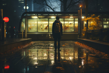 a man is standing on a wet street at nightの素材