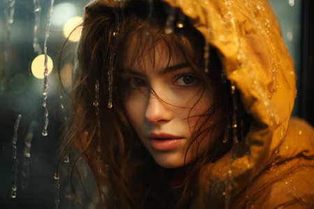 a woman in a yellow jacket looking out the window in the rainの素材