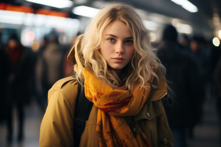 portrait of a beautiful young woman in a subway stationの素材