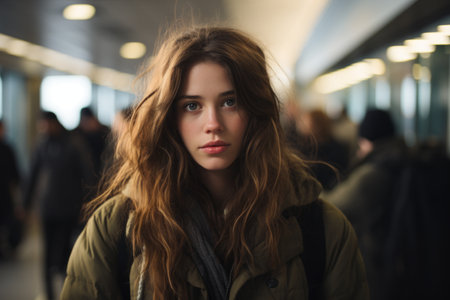 a young woman with long hair standing in an airportの素材