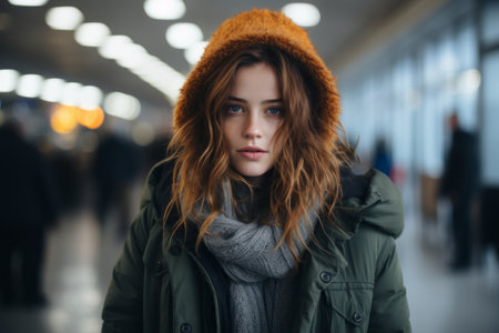 a young woman wearing a hat and scarf in an airportの素材