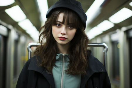 a young woman wearing a black hat on a subway trainの素材