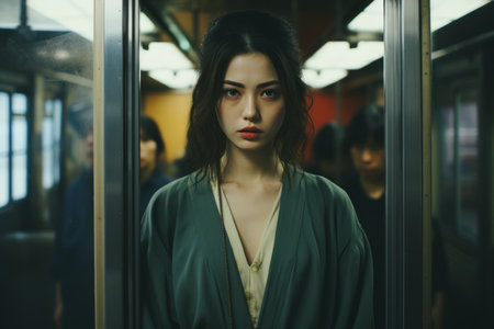 an asian woman is standing in a subway carの素材