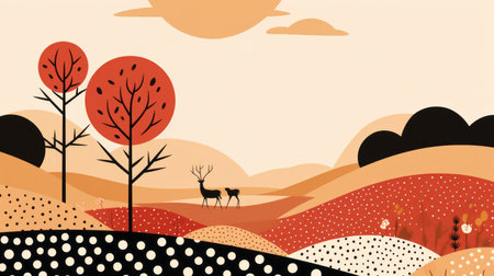 an illustration of a landscape with trees and deerの素材