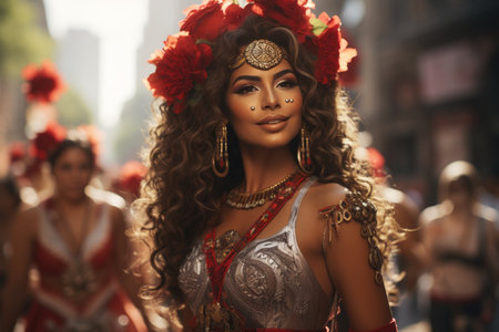 a beautiful woman in a red dress and headdress at a carnivalの素材