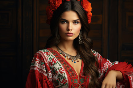 a beautiful woman in a traditional mexican outfitの素材