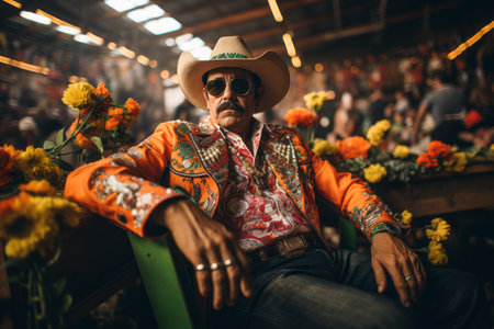 a man in a cowboy outfit sitting on a bench with flowers in front of himの素材