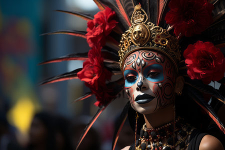 a woman in a costume with a headdress and face paintの素材