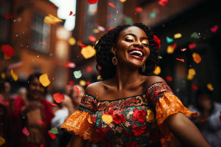 beautiful african american woman dancing in the street with confetti falling around herの素材