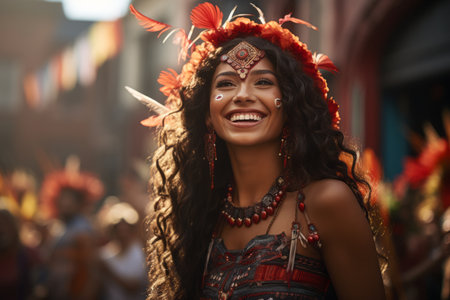 a smiling woman in an indian costume with feathers on her headの素材