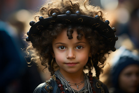 a young girl with curly hair wearing a hatの素材
