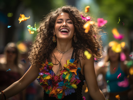 a woman with curly hair and colorful flower petals in her hairの素材