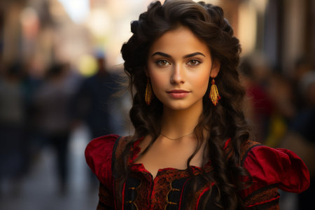 a beautiful young woman with long hair in a red dressの素材
