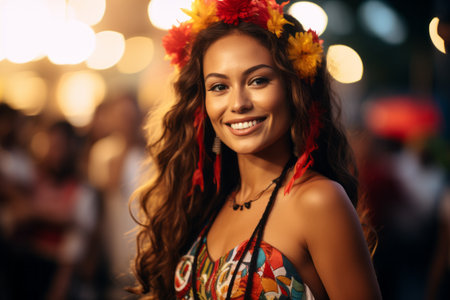 portrait of a beautiful young woman wearing a flower crown at a carnival partyの素材