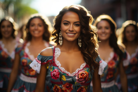 beautiful mexican woman in traditional dress standing in front of a group of womenの素材