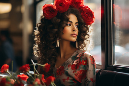 beautiful woman with red roses in her hairの素材