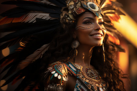 portrait of a beautiful woman wearing a native american headdressの素材