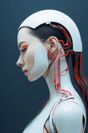 3d rendering of a female cyborg on a dark backgroundの素材