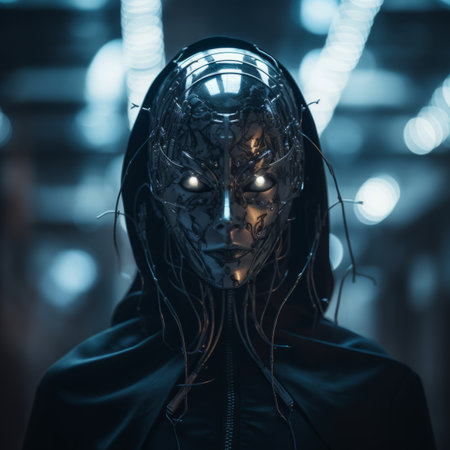 a man in a black hoodie with a robot mask on his faceの素材
