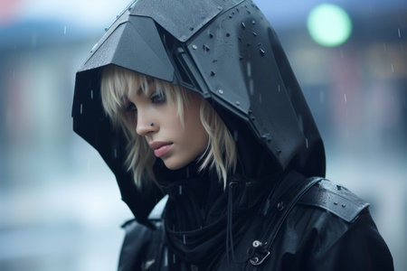 a woman in a black hooded jacket standing in the rainの素材
