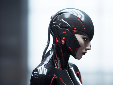3d rendering of a cyber woman with glowing red eyesの素材