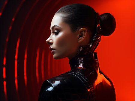 a woman in a futuristic suit with a red backgroundの素材