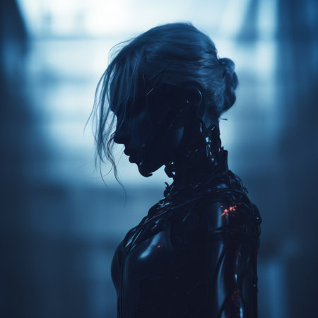 a woman in a futuristic suit standing in a dark roomの素材