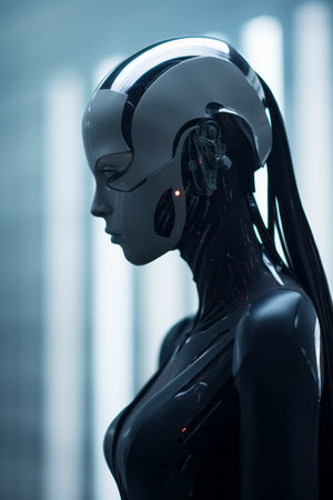 a woman in a futuristic suit with her head turned to the sideの素材