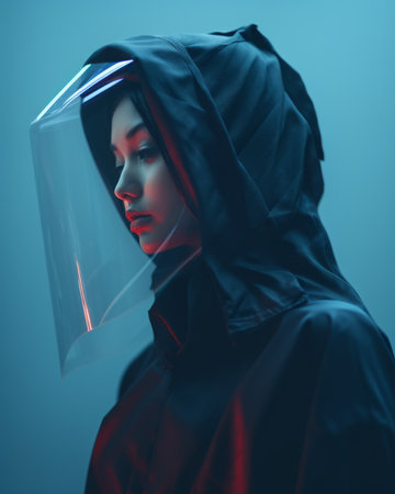 a woman in a black hooded jacket with red and blue lightsの素材