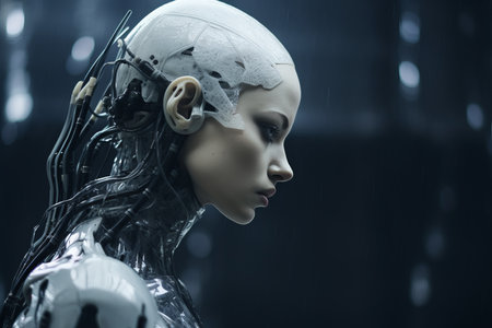 a woman in a futuristic suit with wires attached to her headの素材