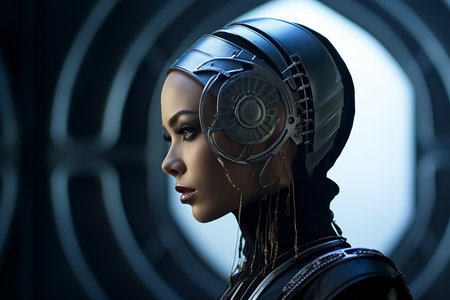 a woman wearing a futuristic helmet in a dark roomの素材