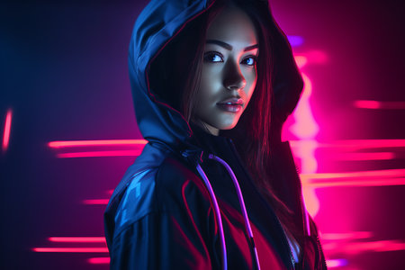 a woman in a hoodie with neon lightsの素材