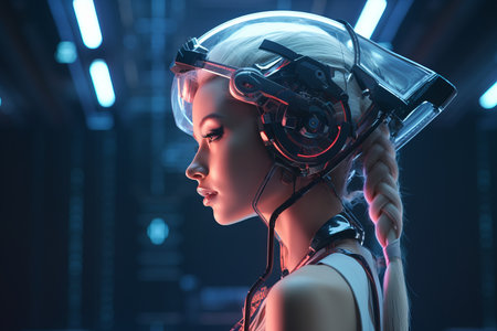 a woman wearing a helmet and headphones in a futuristic settingの素材