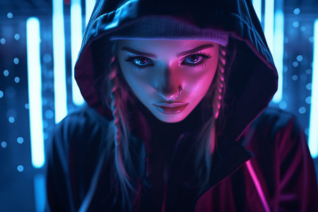 a woman wearing a hoodie in front of neon lightsの素材