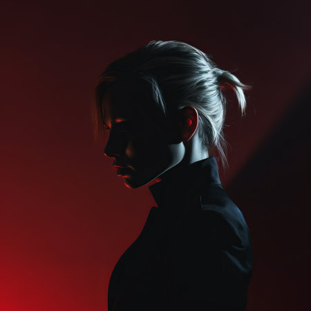 the silhouette of a woman in front of a red lightの素材