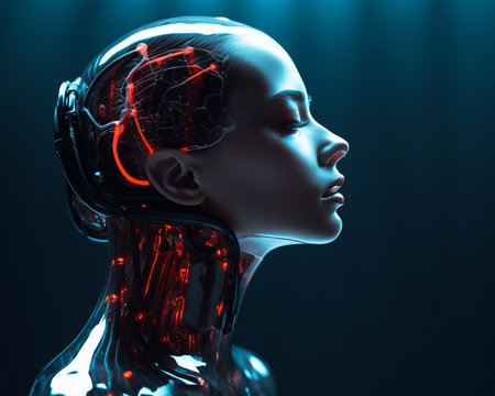 the face of a woman with glowing red wires in her headの素材