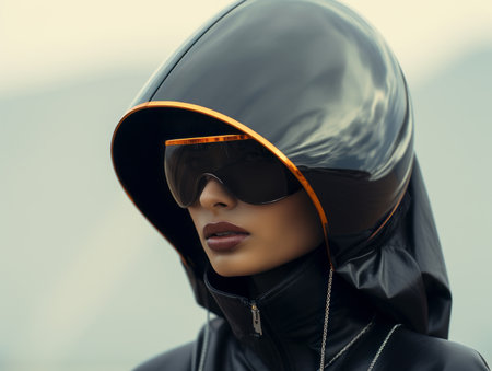 an image of a woman wearing sunglasses and a black hoodの素材