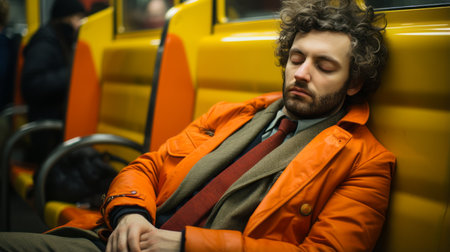 a man in an orange coat sleeping on a trainの素材