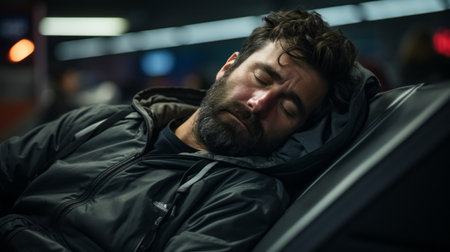 a man sleeping on a bench in an airportの素材