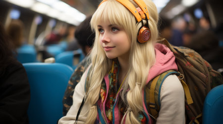 a girl wearing headphones on a trainの素材