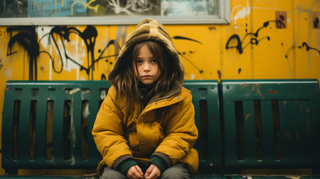 a little girl sitting on a bench in front of graffitiの素材