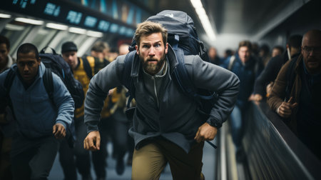 a man with a backpack running through an airportの素材