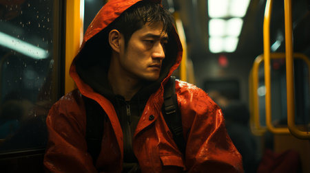 a man in a red jacket sitting on a subway trainの素材